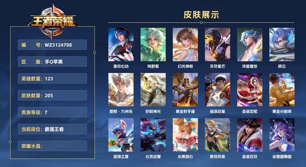 王者荣耀账号苹果QQ手Q苹果 123英雄 205皮肤 贵族等级7  音你心动 鸣野蒿 幻光神枪 无尽星芒 淬星耀世 碎云 愿照·九州拓 炽阳神光 黄金射手座 摇滚巨星 圣诞恋歌 黄金分割率 逐浪之夏 心灵战警 水果...
