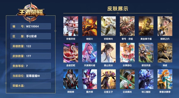 王者荣耀账号安卓QQ手Q安卓 122英雄 177皮肤 贵族等级7  祈雪灵祝 地狱火 炽阳神光 零号·赤焰 黄金狮子座 黎明之约 圣诞恋歌 天狼溯光者 高山流水 水果甜心 箭羽风息 神威 阴阳师 魔术师 白昼王子 ...