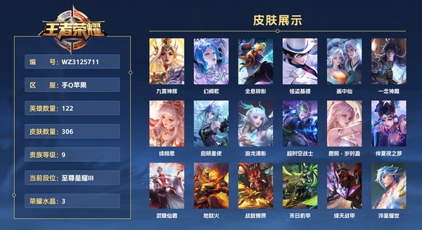 王者荣耀账号苹果QQ手Q苹果 122英雄 306皮肤 贵族等级9 已兑换荣耀水晶数3  九霄神辉 幻阙歌 全息碎影 怪盗基德 画中仙 一念神魔 续相思 启明星使 游龙清影 超时空战士 愿照·岁时盈 仲夏夜之梦 武陵...