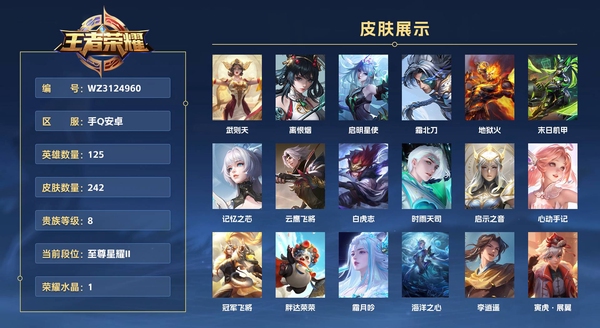 王者荣耀账号安卓QQ手Q安卓【小国标】沈梦溪/刘禅 125英雄 242皮肤 贵族等级8 已兑换荣耀水晶数1  武则天 离恨烟 启明星使 霜北刀 地狱火 末日机甲 记忆之芯 云鹰飞将 白虎志 时雨天司 启示之音