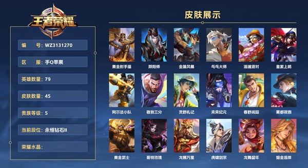 王者荣耀账号苹果QQ手Q苹果 79英雄 45皮肤 贵族等级5  黄金射手座 阴阳师 金属风暴 乓乓大师 海滩派对 皇家上将 阿尔法小队 敬我三分 灵野札记 未来纪元 春野闲踪 雾都夜雨 黄金武士 哥特玫瑰 龙腾万里...