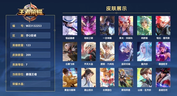 王者荣耀账号安卓QQ手Q安卓 123英雄 209皮肤 贵族等级7  怪盗基德 地狱之眼 一念神魔 乘龙·淬吴钩 鸣野蒿 电玩·雷克斯 云鹰飞将 齐天大圣 愿照·九州拓 逐花归海 霜月吟 偶像歌手 黄金分割率 高山流...