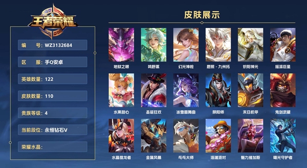 王者荣耀账号安卓QQ手Q安卓 122英雄 110皮肤 贵族等级4 地狱之眼 鸣野蒿 幻光神枪 愿照·九州拓 炽阳神光 摇滚巨星 水果甜心 圣诞狂欢 冰雪圆舞曲 阴阳师 末日机甲 鬼剑武藏 水晶猎龙者 金属风暴 乓...