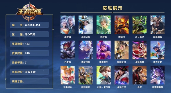 王者荣耀账号苹果QQ手Q苹果 123英雄 240皮肤 贵族等级7  画中仙 无双飞将 鸣野蒿 地狱火 末日机甲 怒海麟威 白虎志 逐花归海 偶像歌手 黎明之约 圣诞恋歌 逐浪之夏 水果甜心 箭羽风息 山海·玄木吟 ...