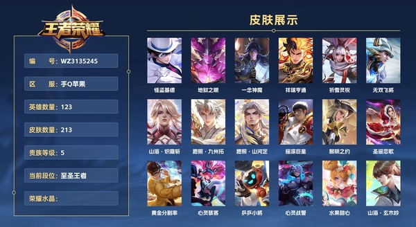 王者荣耀账号安卓QQ手Q苹果 123英雄 213皮肤 贵族等级7 小国标李信 金标万战韩信 怪盗基德 地狱之眼 一念神魔 祥瑞亨通 祈雪灵祝 无双飞将 山海·炽霜斩 愿照·九州拓 愿照·山河定 摇滚巨星 黎明之约