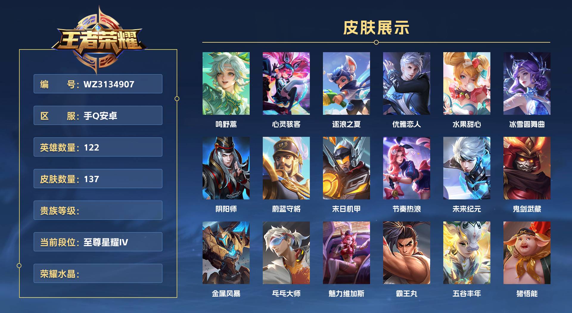 WZ3134907王者荣耀账号详情图1 WZ3134907王者荣耀账号详情图1