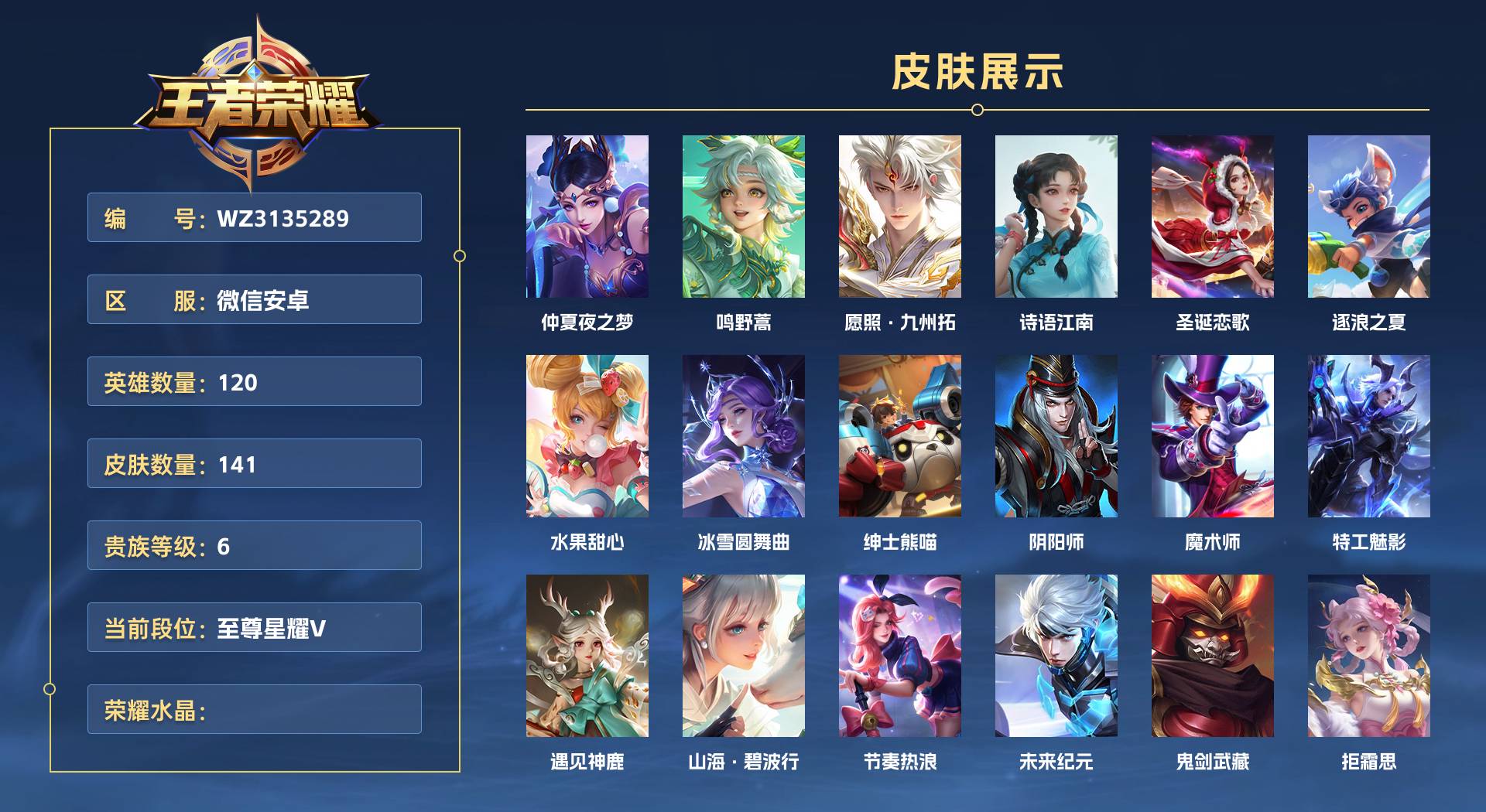 WZ3135289王者荣耀账号详情图1 WZ3135289王者荣耀账号详情图1