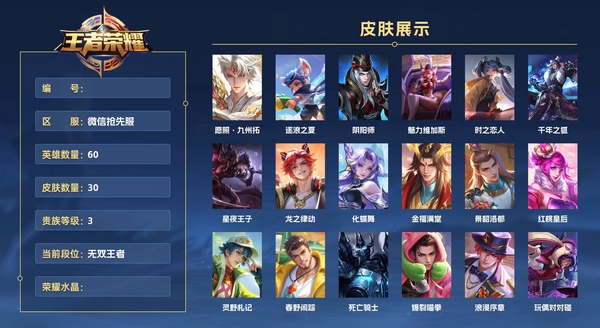 王者荣耀账号微信抢先服 60英雄 30皮肤 贵族等级3  愿照·九州拓 逐浪之夏 阴阳师 魅力维加斯 时之恋人 千年之狐 星夜王子 龙之律动 化蝶舞 金福满堂 景韶洛都 红桃皇后 灵野札记 春野闲踪 死亡骑...