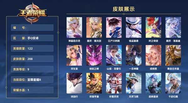 王者荣耀账号安卓QQ手Q安卓 122英雄 208皮肤 贵族等级9 已兑换荣耀水晶数1  神鉴启示录 器灵·螭龙剑 江户川柯南 怪盗基德 时之奇旅 器灵·落星盏 浮生妄 地狱之眼 山海·苍雷引 一念神魔 续相思 黄金...