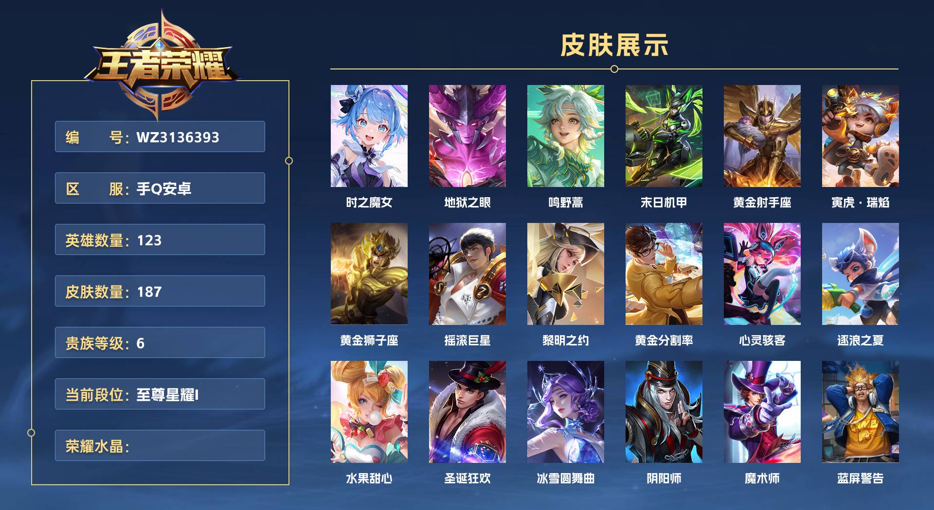 WZ3136393王者荣耀账号详情图1 WZ3136393王者荣耀账号详情图1