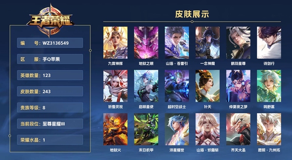 王者荣耀账号苹果QQ手Q苹果 123英雄 243皮肤 贵族等级8 已兑换荣耀水晶数1 九霄神辉 地狱之眼 山海·苍雷引 一念神魔 鹤羽星尊 诗剑行 祈雪灵祝 启明星使 超时空战士 补天 仲夏夜之梦 鸣野蒿 地狱火...
