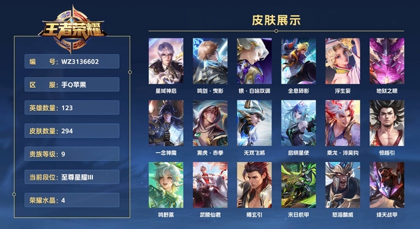 王者荣耀账号苹果QQ手Q苹果 123英雄 294皮肤 贵族等级9  小国标：白起，老夫子 已兑换荣耀水晶数4  星域神启 鸣剑·曳影 银·白咏叹调 全息碎影 浮生妄 地狱之眼 一念神魔 寅虎·赤拳 无双飞将