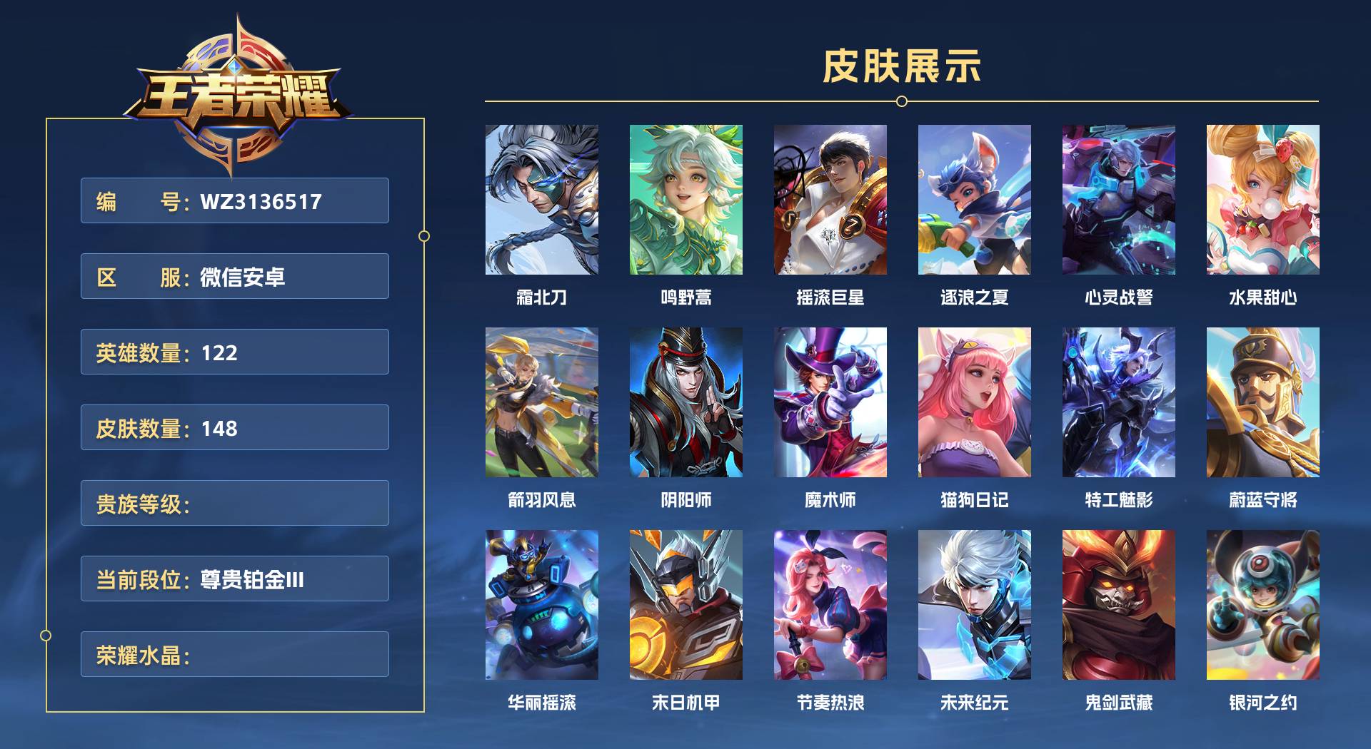WZ3136517王者荣耀账号详情图1 WZ3136517王者荣耀账号详情图1