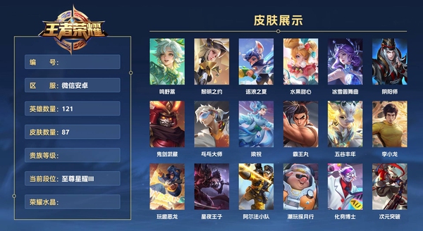 王者荣耀账号安卓VX微信安卓 121英雄 87皮肤  鸣野蒿 黎明之约 逐浪之夏 水果甜心 冰雪圆舞曲 阴阳师 鬼剑武藏 乓乓大师 梁祝 霸王丸 五谷丰年 李小龙 玩趣恶龙 星夜王子 阿尔法小队 潮玩探月行 化身博...