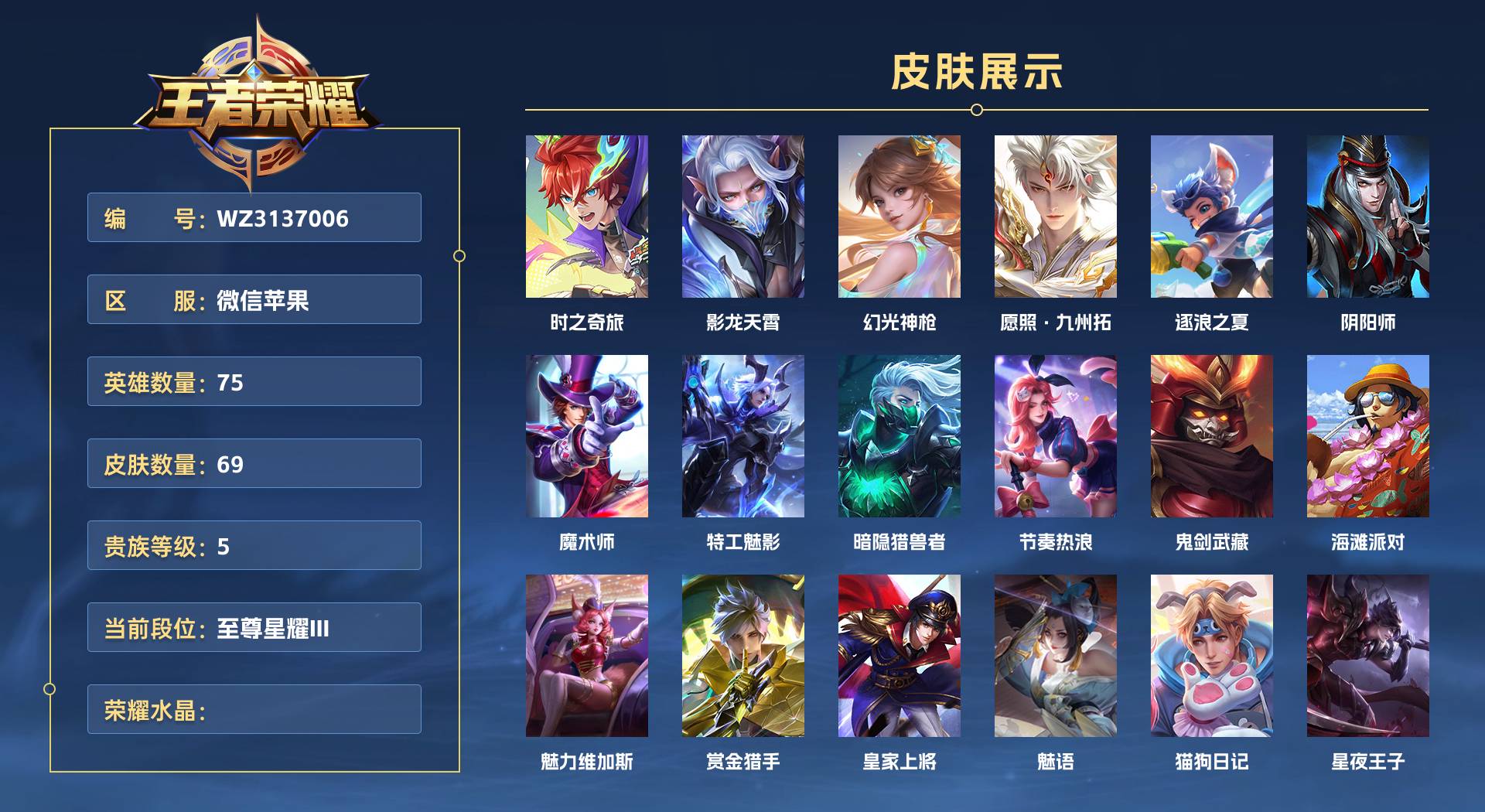 WZ3137006王者荣耀账号详情图1 WZ3137006王者荣耀账号详情图1