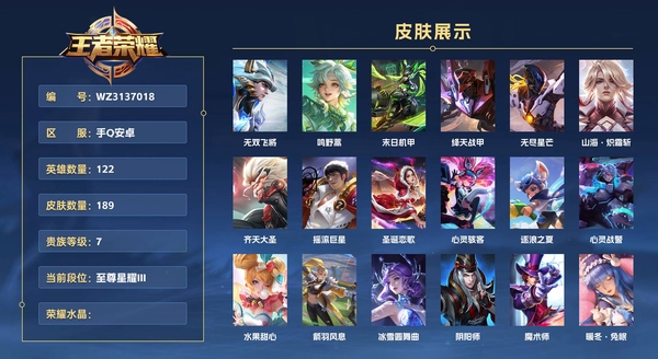 王者荣耀账号安卓QQ手Q安卓 122英雄 189皮肤 贵族等级7  无双飞将 鸣野蒿 末日机甲 绛天战甲 无尽星芒 山海·炽霜斩 齐天大圣 摇滚巨星 圣诞恋歌 心灵骇客 逐浪之夏 心灵战警 水果甜心 箭羽风息 冰雪...