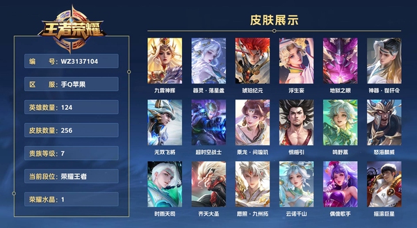 王者荣耀账号苹果QQ手Q苹果【金标  苍】 124英雄 256皮肤 贵族等级7 已兑换荣耀水晶数1  九霄神辉 器灵·落星盏 琥珀纪元 浮生妄 地狱之眼 神器·狴犴令 无双飞将 超时空战士 乘龙·问璇玑 惊梅引 鸣野蒿