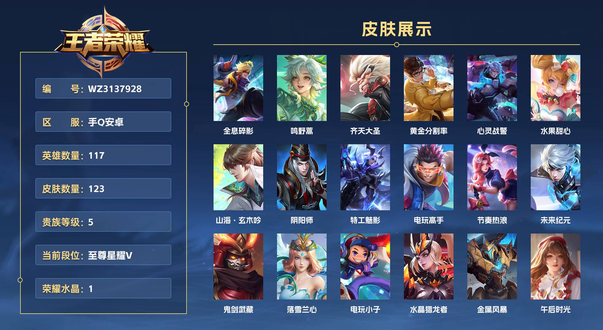 WZ3137928王者荣耀账号详情图1 WZ3137928王者荣耀账号详情图1