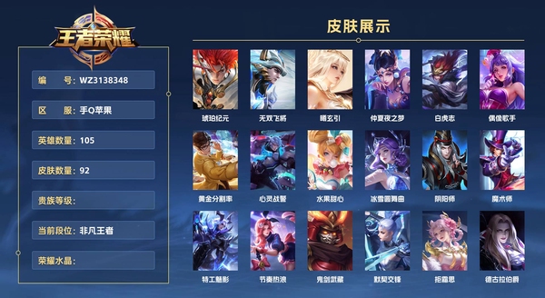 王者荣耀账号苹果QQ手Q苹果 105英雄 92皮肤  琥珀纪元 无双飞将 曦玄引 仲夏夜之梦 白虎志 偶像歌手 黄金分割率 心灵战警 水果甜心 冰雪圆舞曲 阴阳师 魔术师 特工魅影 节奏热浪 鬼剑武藏 默契交锋 拒...