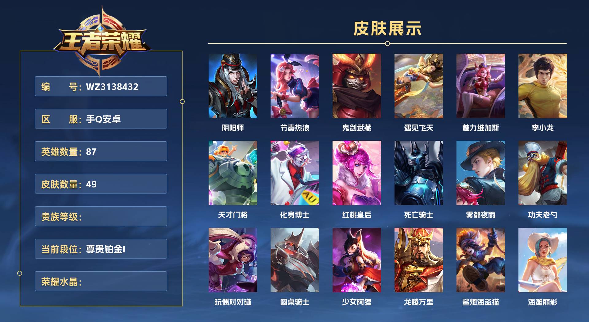 WZ3138432王者荣耀账号详情图1 WZ3138432王者荣耀账号详情图1