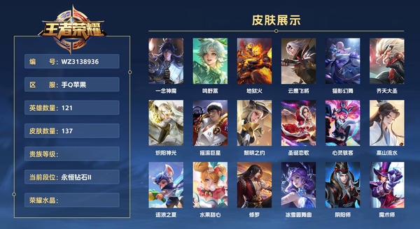 王者荣耀账号苹果QQ手Q苹果 121英雄 137皮肤  一念神魔 鸣野蒿 地狱火 云鹰飞将 猫影幻舞 齐天大圣 炽阳神光 摇滚巨星 黎明之约 圣诞恋歌 心灵骇客 高山流水 逐浪之夏 水果甜心 修罗 冰雪圆舞曲 阴阳...