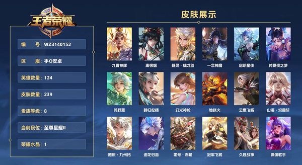 王者荣耀账号安卓QQ手Q安卓 124英雄 239皮肤 贵族等级8 已兑换荣耀水晶数1  九霄神辉 离恨烟 器灵·螭龙剑 一念神魔 启明星使 仲夏夜之梦 鸣野蒿 鹤归松栖 幻光神枪 地狱火 云鹰飞将 山海·炽霜斩 愿...