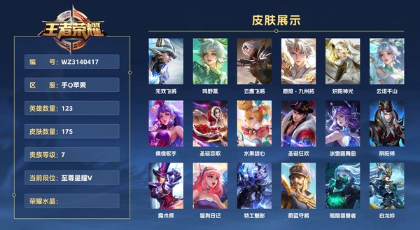王者荣耀账号苹果QQ手Q苹果 123英雄 175皮肤 贵族等级7  无双飞将 鸣野蒿 云鹰飞将 愿照·九州拓 炽阳神光 云诺千山 偶像歌手 圣诞恋歌 水果甜心 圣诞狂欢 冰雪圆舞曲 阴阳师 魔术师 猫狗日记 特工魅...