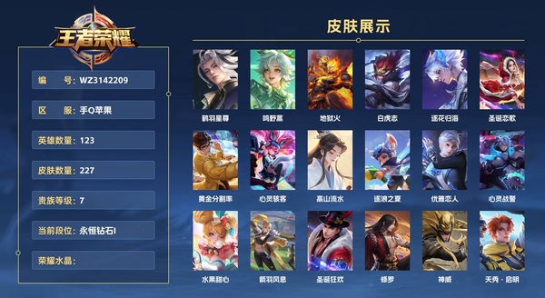 王者荣耀账号苹果QQ手Q苹果 123英雄 227皮肤 贵族等级7  鹤羽星尊 鸣野蒿 地狱火 白虎志 逐花归海 圣诞恋歌 黄金分割率 心灵骇客 高山流水 逐浪之夏 优雅恋人 心灵战警 水果甜心 箭羽风息 圣诞狂欢 ...