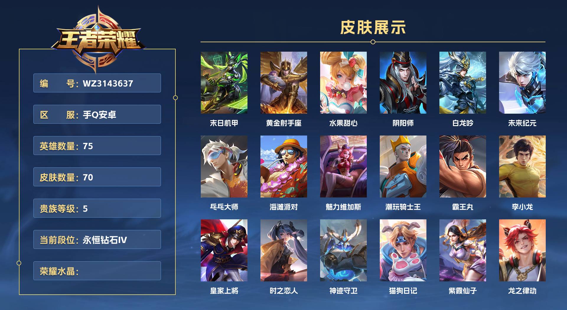 WZ3143637王者荣耀账号详情图1 WZ3143637王者荣耀账号详情图1