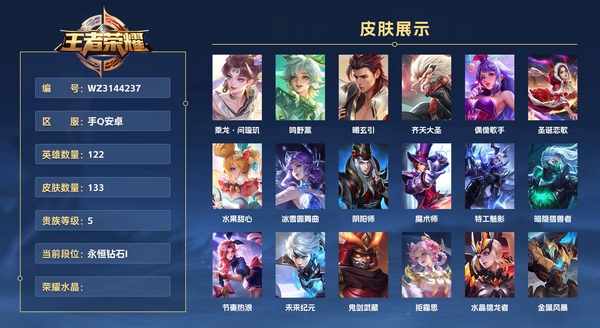 王者荣耀账号安卓QQ手Q安卓 122英雄 133皮肤 贵族等级5  乘龙·问璇玑 鸣野蒿 曦玄引 齐天大圣 偶像歌手 圣诞恋歌 水果甜心 冰雪圆舞曲 阴阳师 魔术师 特工魅影 暗隐猎兽者 节奏热浪 未来纪元 鬼剑武...