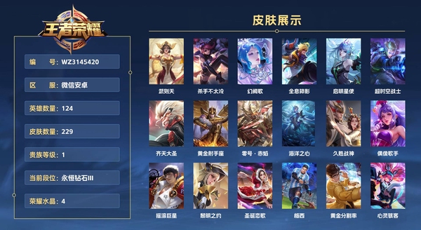 王者荣耀账号安卓VX微信安卓【金标  狄仁杰 后羿 芈月】 124英雄 229皮肤 贵族等级8 已兑换荣耀水晶数4  武则天 杀手不太冷 幻阙歌 全息碎影 启明星使 超时空战士 齐天大圣 黄金射手座 零号·赤焰 海洋之心