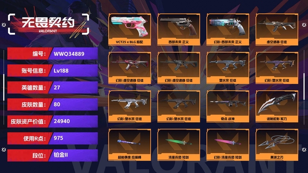 无畏契约账号QQ【等级】188【段位】铂金II【皮肤资产价值】24940【使用R点】975【英雄数量】27【皮肤数量】80【卡面数量】95【喷漆数量】79【挂饰数量】114【随身武器】VCT25-x-BLG-标...