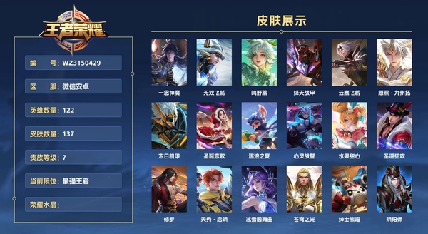 王者荣耀账号安卓VX微信安卓 122英雄 137皮肤 贵族等级7 一念神魔 无双飞将 鸣野蒿 绛天战甲 云鹰飞将 愿照·九州拓 末日机甲 圣诞恋歌 逐浪之夏 心灵战警 水果甜心 圣诞狂欢 修罗 天秀·启明 冰雪圆...