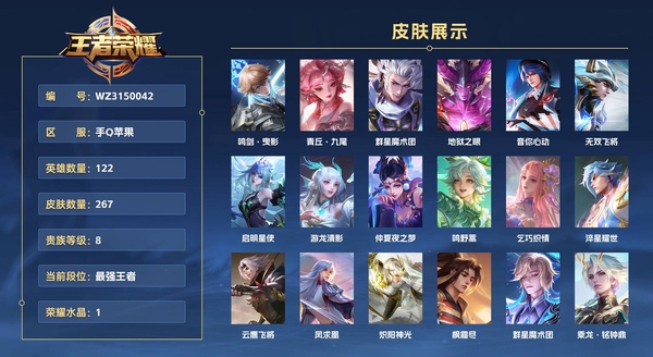 王者荣耀账号苹果QQ手Q苹果 122英雄 267皮肤 贵族等级8 已兑换荣耀水晶数1  鸣剑·曳影 青丘·九尾 群星魔术团 地狱之眼 音你心动 无双飞将 启明星使 游龙清影 仲夏夜之梦 鸣野蒿 乞巧织情 淬星耀世 ...
