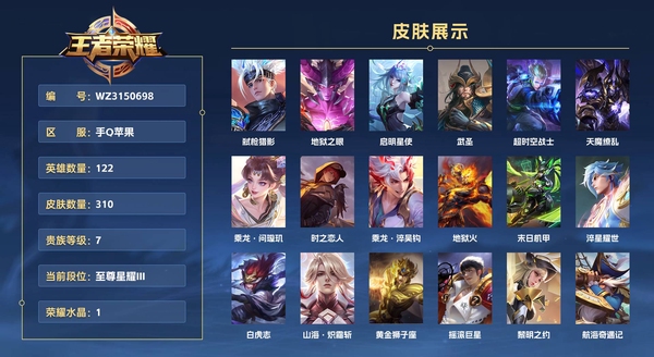 王者荣耀账号苹果QQ手Q苹果 122英雄 310皮肤 贵族等级7金标:韩信,程咬金 已兑换荣耀水晶数1 弑枪猎影 地狱之眼 启明星使 武圣 超时空战士 天魔缭乱 乘龙·问璇玑 时之恋人 乘龙·淬吴钩 地狱火