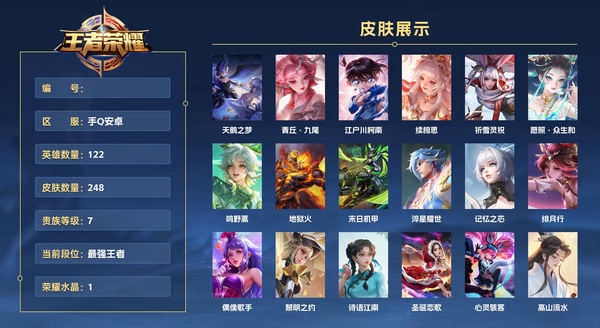 王者荣耀账号安卓QQ手Q安卓 122英雄 248皮肤 贵族等级7 已兑换荣耀水晶数1  天鹅之梦 青丘·九尾 江户川柯南 续相思 祈雪灵祝 愿照·众生和 鸣野蒿 地狱火 末日机甲 淬星耀世 记忆之芯 绯月行 偶像歌...