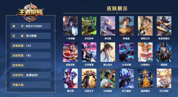 王者荣耀账号苹果QQ手Q苹果 122英雄 183皮肤  一念神魔 末日机甲 凤求凰 李逍遥  黎明之约 航海奇遇记 圣诞恋歌 心灵骇客 高山流水 心灵战警 水果甜心 阴阳师 魔术师 白昼王子 云间偶戏 特工魅影 蓝...