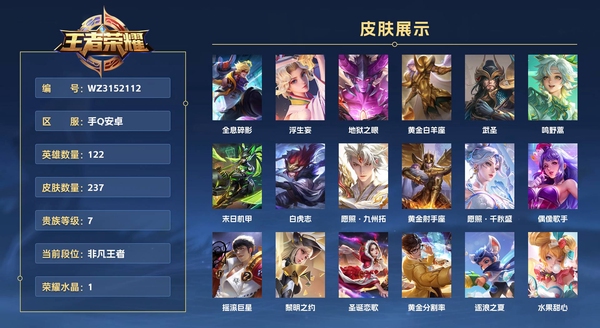 王者荣耀账号安卓QQ手Q安卓【金标韩信/关羽/兰陵王】 122英雄 237皮肤 贵族等级7 已兑换荣耀水晶数1  全息碎影 浮生妄 地狱之眼 黄金白羊座 武圣 鸣野蒿 末日机甲 白虎志 愿照·九州拓 黄金射手座