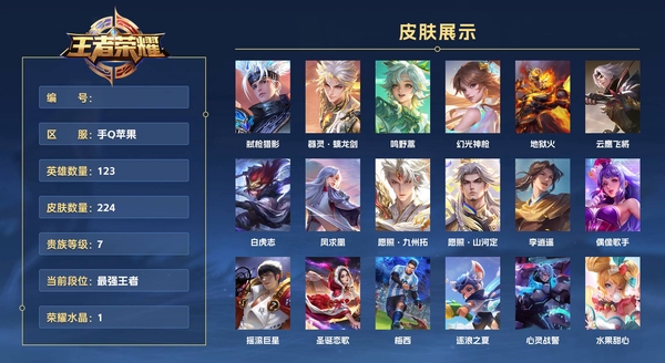 王者荣耀账号苹果QQ手Q苹果 123英雄 224皮肤 贵族等级7  金标：曜 已兑换荣耀水晶数1  弑枪猎影 器灵·螭龙剑 鸣野蒿 幻光神枪 地狱火 云鹰飞将 白虎志 凤求凰 愿照·九州拓 愿照·山河定