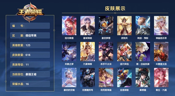 王者荣耀账号苹果VX微信苹果 125英雄 616皮肤 贵族等级11 已兑换荣耀水晶数16  拾光映像 星域神启 星空梦想 武则天 鸣剑·曳影 神鉴启示录 天鹅之梦 九霄神辉 杀手不太冷 活力突击 银·白咏叹调 大秦...