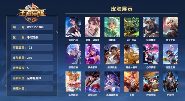 王者荣耀账号安卓QQ手Q安卓 122英雄 260皮肤 贵族等级7  音你心动 乘龙·问璇玑 鸣野蒿 末日机甲 怒海麟威 齐天大圣 逐花归海 偶像歌手 摇滚巨星 黄金分割率 心灵骇客 逐浪之夏 水果甜心 圣诞狂欢 冰...