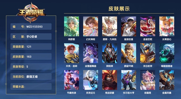 王者荣耀账号安卓QQ手Q安卓 121英雄 163皮肤 贵族等级5  鸣野蒿 幻光神枪 愿照·九州拓 摇滚巨星 圣诞恋歌 水果甜心 天秀·启明 冰雪圆舞曲 阴阳师 蔚蓝守将 末日机甲 暗隐猎兽者 节奏热浪 未来纪元 ...