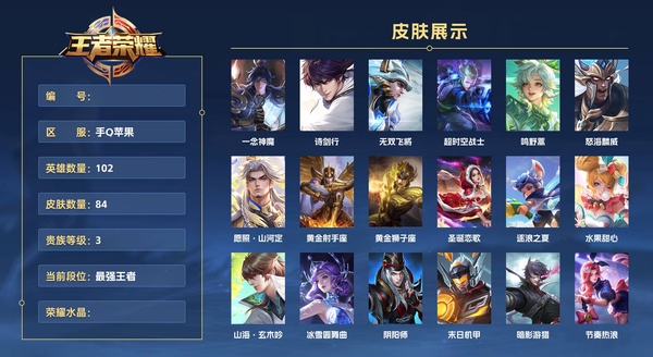 王者荣耀账号苹果QQ手Q苹果 102英雄 84皮肤 贵族等级3  一念神魔 诗剑行 无双飞将 超时空战士 鸣野蒿 怒海麟威 愿照·山河定 黄金射手座 黄金狮子座 圣诞恋歌 逐浪之夏 水果甜心 山海·玄木吟 冰雪圆舞...