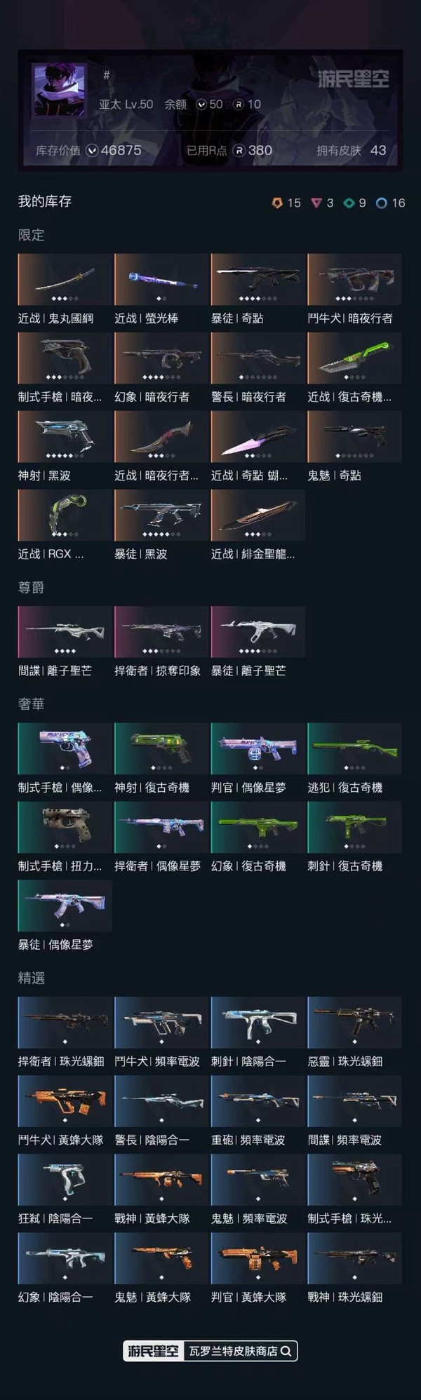 瓦罗兰特账号马来西亚服制式手槍|暗夜.….
神射1黑波
近战IRGX..
尊爵
問諜| 離子聖芒
捍衛者|掠奪印象
暴徒|離子聖芒
奢華
制式手槍|偶像...
神射|復古奇機
判官|偶像星夢
逃犯|復古奇機
制式手槍...