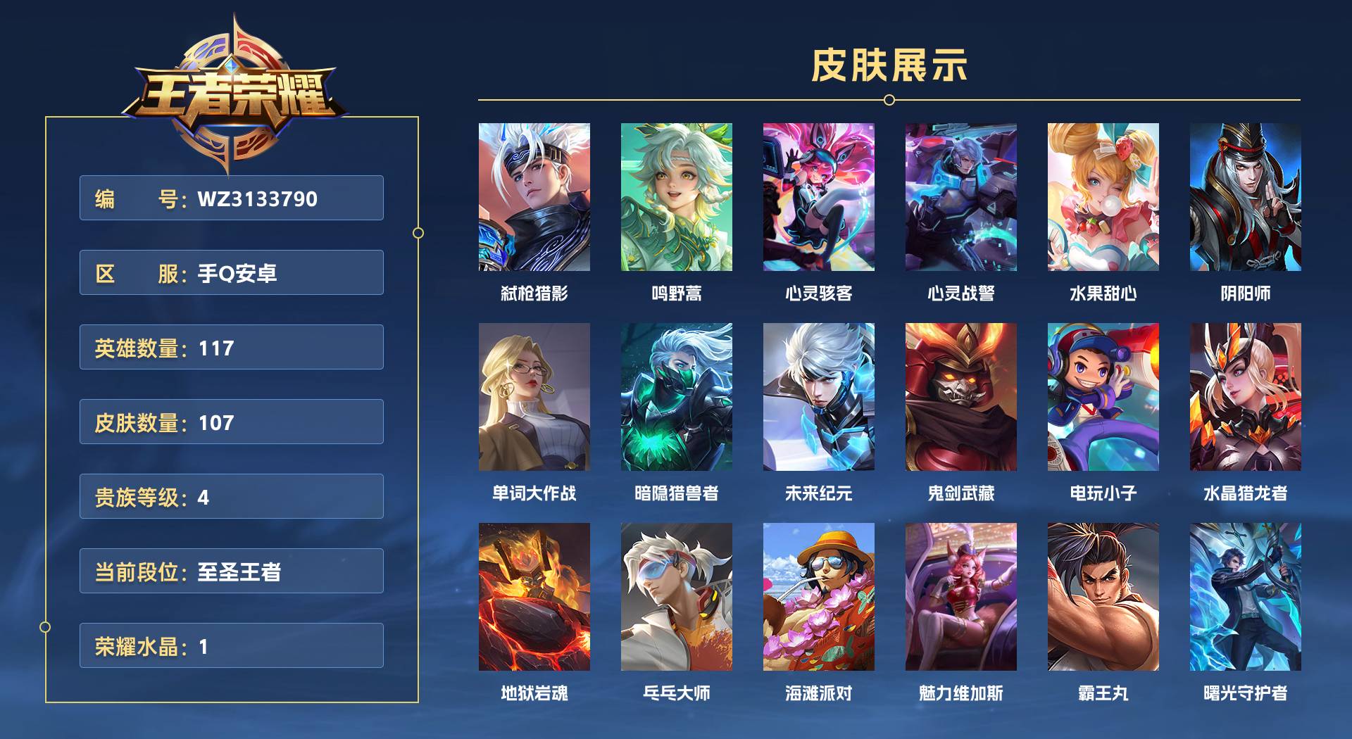 WZ3133790王者荣耀账号详情图1 WZ3133790王者荣耀账号详情图1