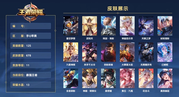 王者荣耀账号苹果QQ手Q苹果 125英雄 678皮肤 贵族等级11 已兑换荣耀水晶数13  星空梦想 武则天 鸣剑·曳影 神鉴启示录 天鹅之梦 弑枪猎影 九霄神辉 杀手不太冷 赤影疾锋 大秦宣太后 无限飓风号 幻阙...