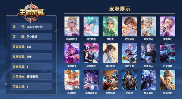 王者荣耀账号安卓QQ手Q安卓 123英雄 206皮肤 贵族等级5 已兑换荣耀水晶数1  神鉴启示录 时之祈愿 鸣野蒿 幻光神枪 炽翼辉光 无限倾心 偶像歌手 心灵骇客 高山流水 逐浪之夏 优雅恋人 心灵战警 水果甜...