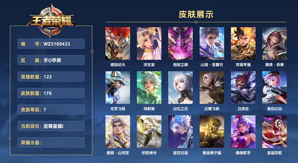 王者荣耀账号苹果QQ手Q苹果 123英雄 178皮肤 贵族等级7  琥珀纪元 浮生妄 地狱之眼 山海·苍雷引 祥瑞亨通 寅虎·赤拳 无双飞将 鸣野蒿 记忆之芯 云鹰飞将 白虎志 音你心动 愿照·山河定 炽阳神光 逐...