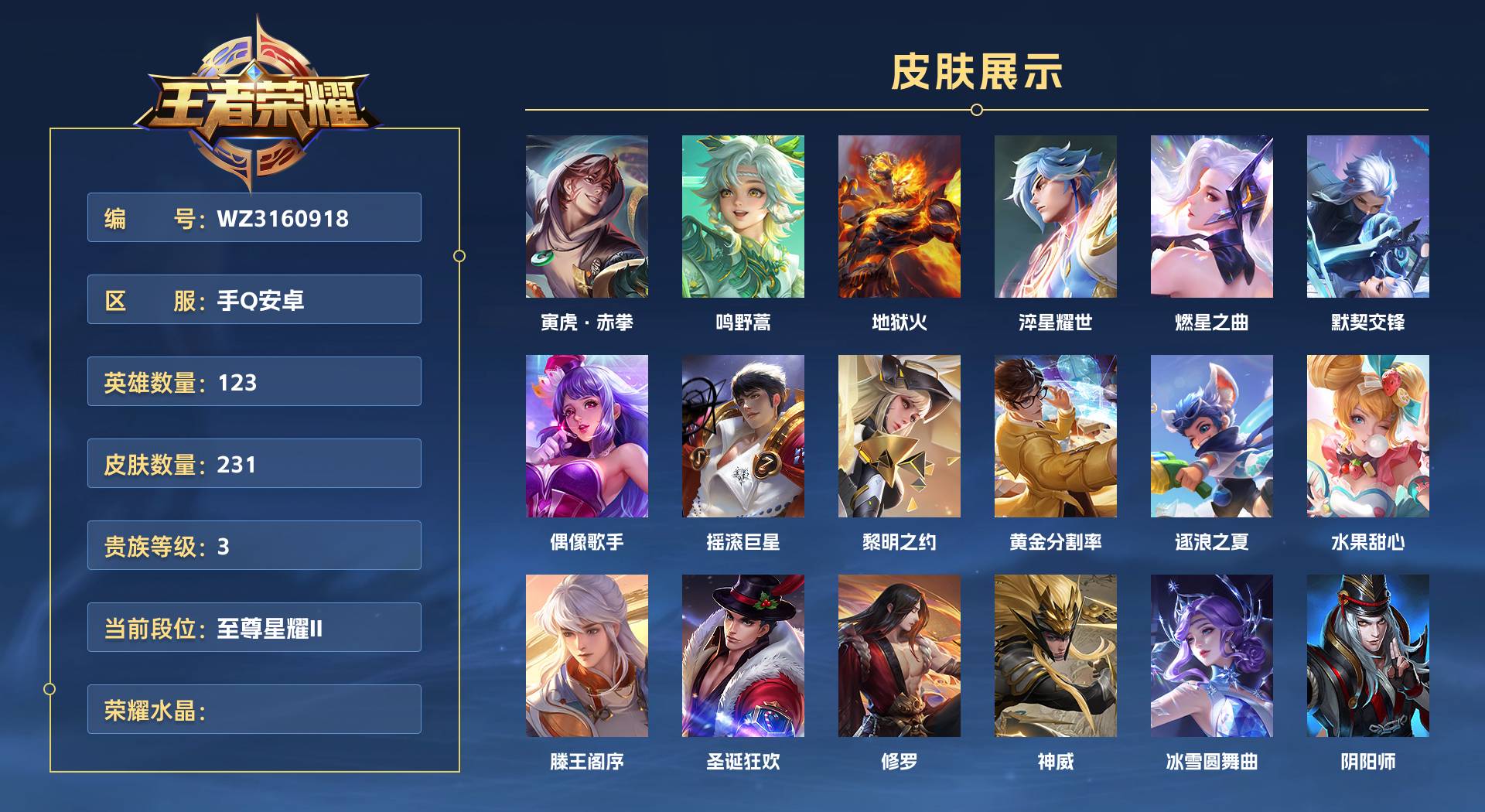 WZ3160918王者荣耀账号详情图1 WZ3160918王者荣耀账号详情图1