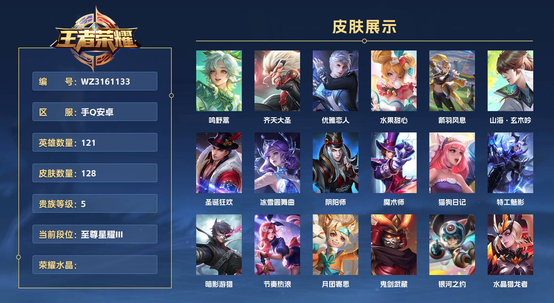 WZ3161133王者荣耀账号详情图1 WZ3161133王者荣耀账号详情图1